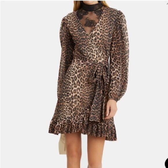 Ganni Mini Black Brown Dress Leopard Print Blouse Long Sleeve Wrap Size S - Picture 9 of 15